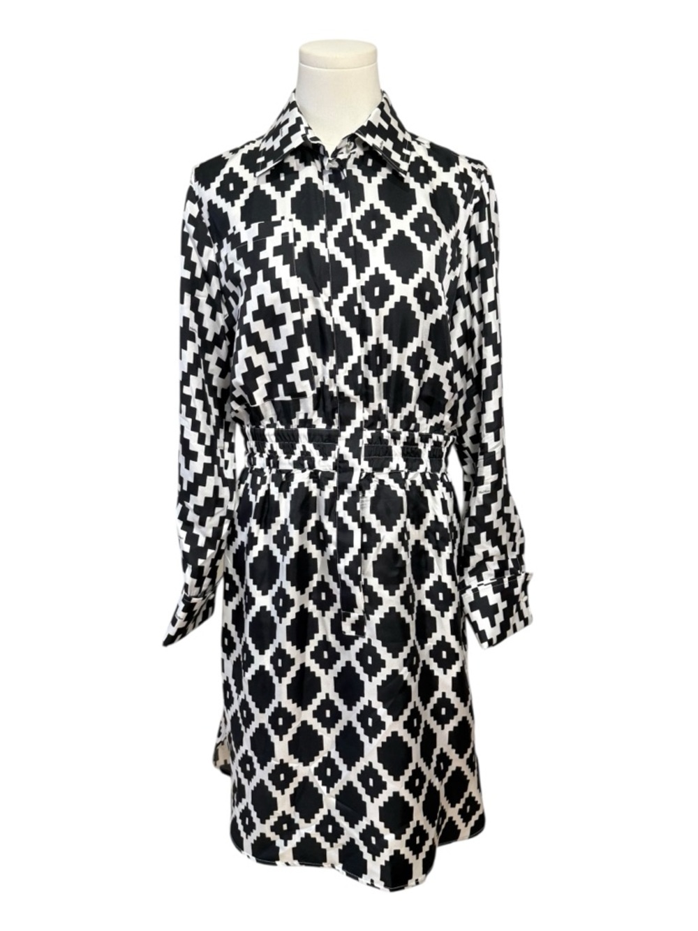Max Mara Silk Shirt Geometric Print Cinched Waist Dress In Black & White Size 8 - Picture 2 of 13